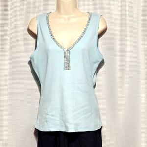 Fashion Bug Stretch Light Blue Tank with Silver Beaded V-neck (XL)